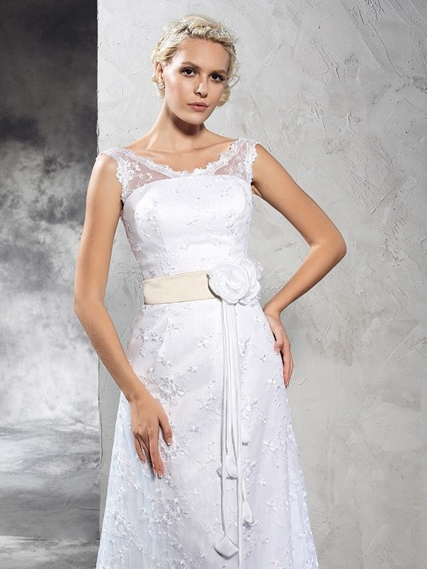 Sheer Hand-Made Sleeveless Neck Long Sheath/Column Flower Satin Wedding Dresses