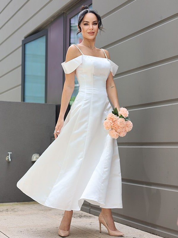 Satin Sleeveless Spaghetti Ruffles Straps A-Line/Princess Ankle-Length Wedding Dresses