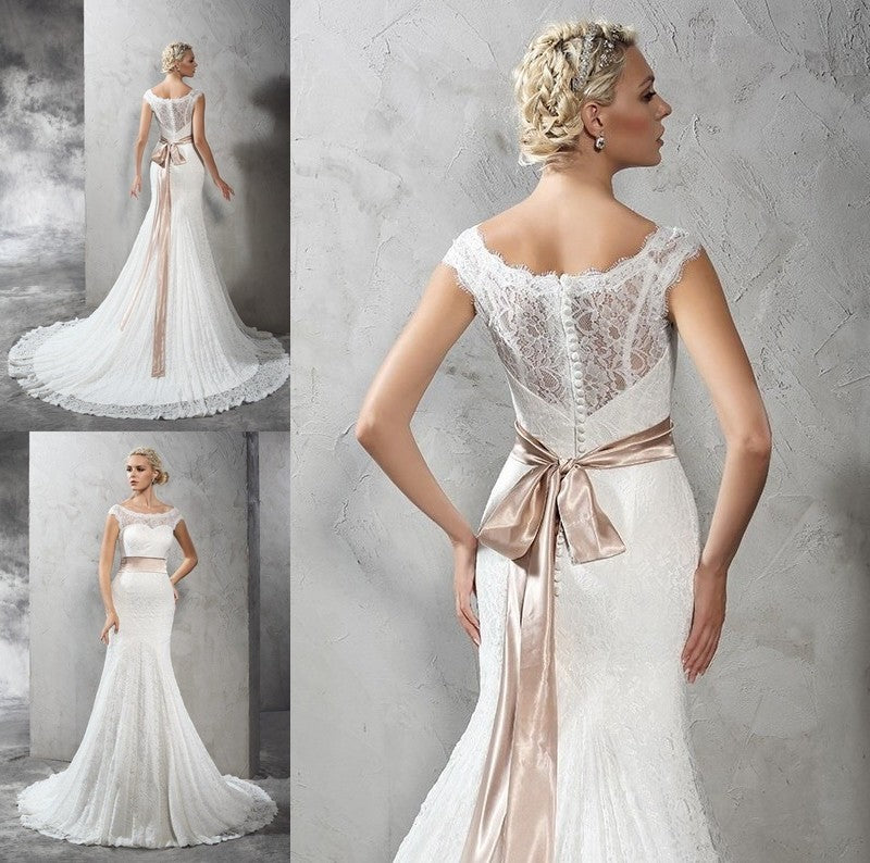 Neck Sleeveless Long Sheer Sash/Ribbon/Belt Sheath/Column Lace Wedding Dresses