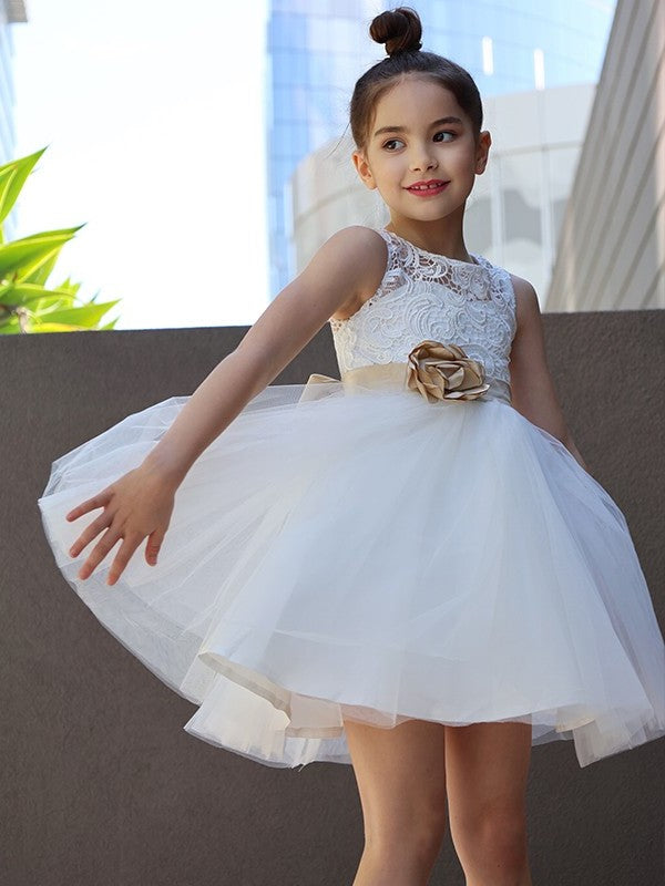 Knee-Length Tulle Lace A-Line/Princess Scoop Sleeveless Flower Girl Dresses