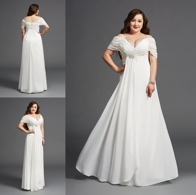 Short Sleeves A-Line/Princess Chiffon Long Off-the-Shoulder Ruched Plus Size Dresses