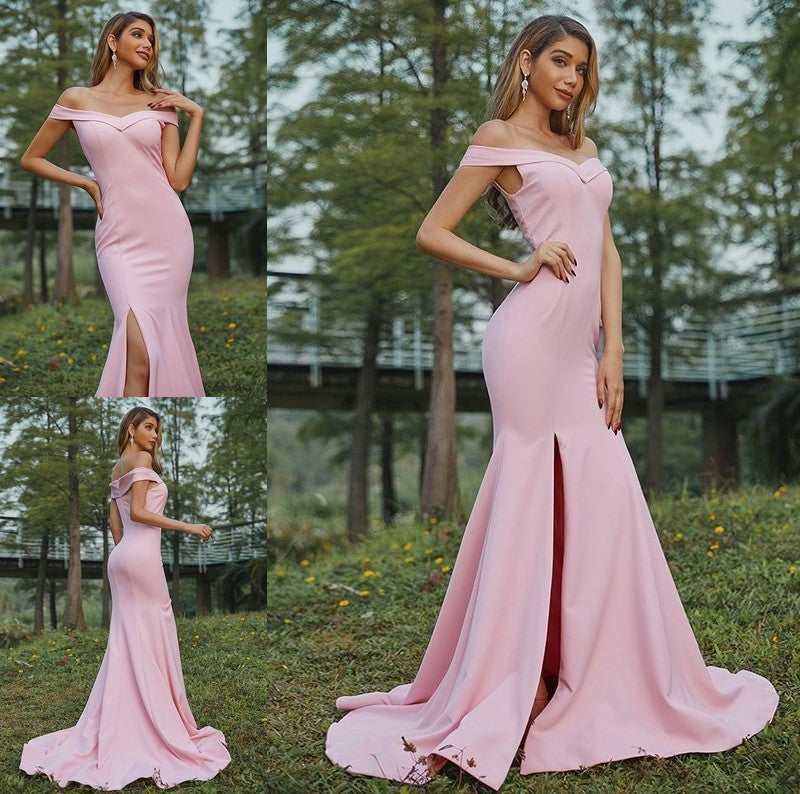 Ruched Sheath/Column Sleeveless Off-the-Shoulder Stretch Crepe Sweep/Brush Train Bridesmaid Dresses