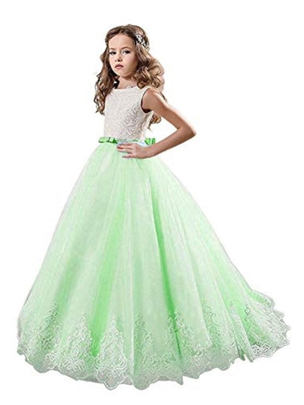 Jewel Sweep/Brush Lace Train Sleeveless Tulle Ball Gown Flower Girl Dresses