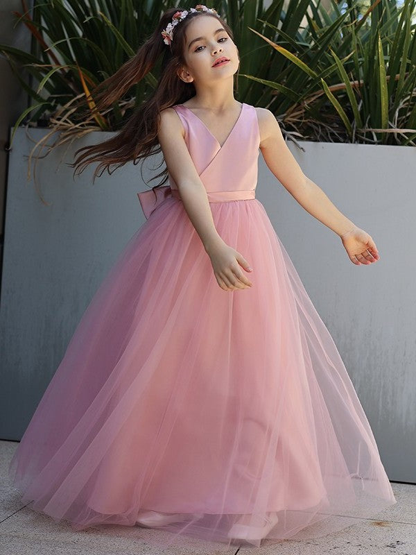 Bowknot Tulle A-Line/Princess Floor-Length Sleeveless V-neck Flower Girl Dresses