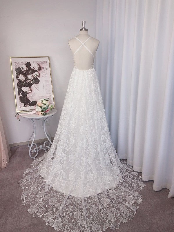 Sleeveless A-Line/Princess V-neck Sweep/Brush Applique Lace Train Wedding Dresses