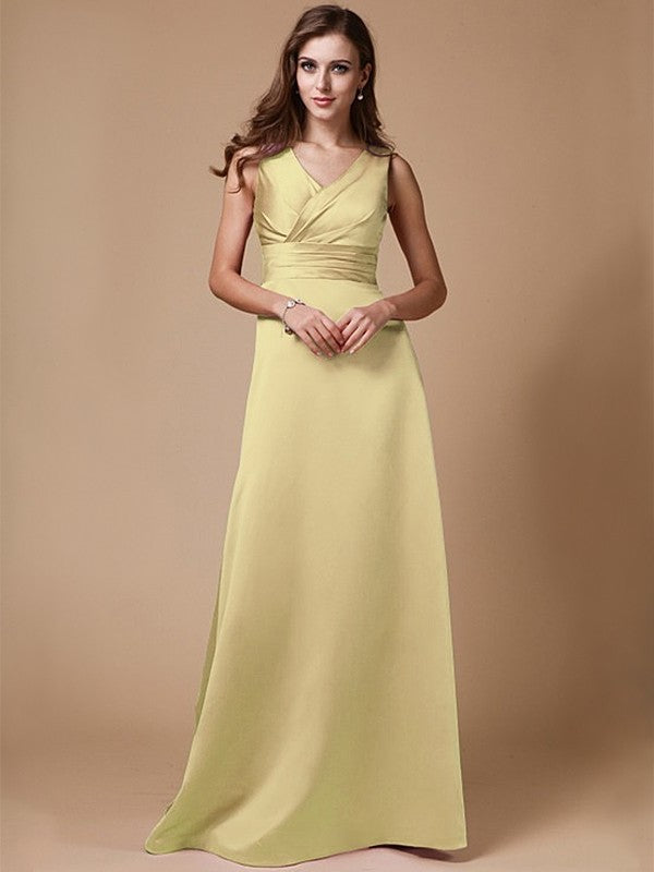 Woven A-Line/Princess Elastic Long V-neck Sleeveless Satin Bridesmaid Dresses