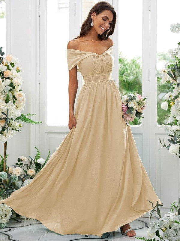 Off-the-Shoulder Chiffon A-Line/Princess Sleeveless Ruched Floor-Length Bridesmaid Dresses