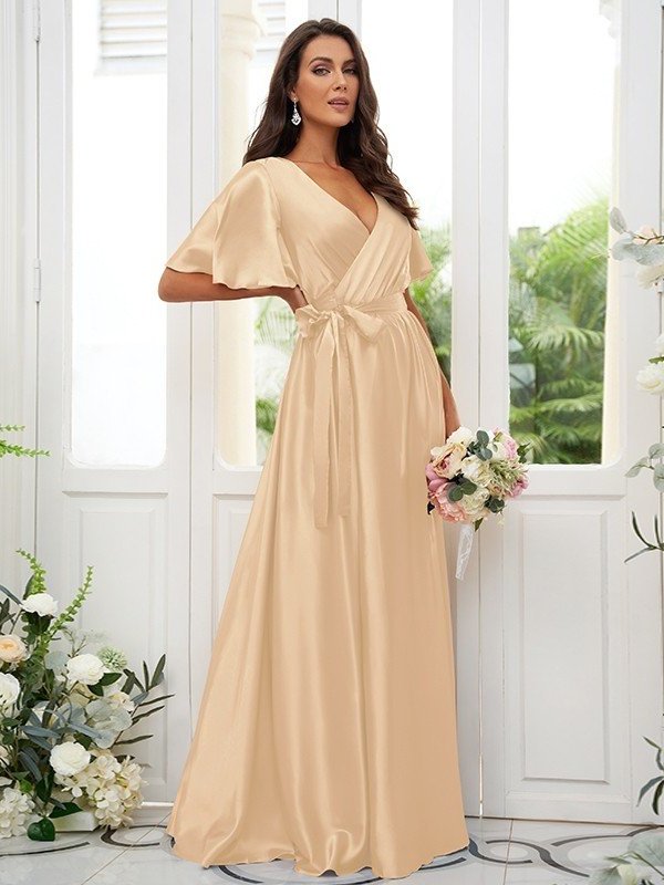 Sleeves Short A-Line/Princess like Satin V-neck Silk Sash/Ribbon/Belt Floor-Length Bridesmaid Dresses