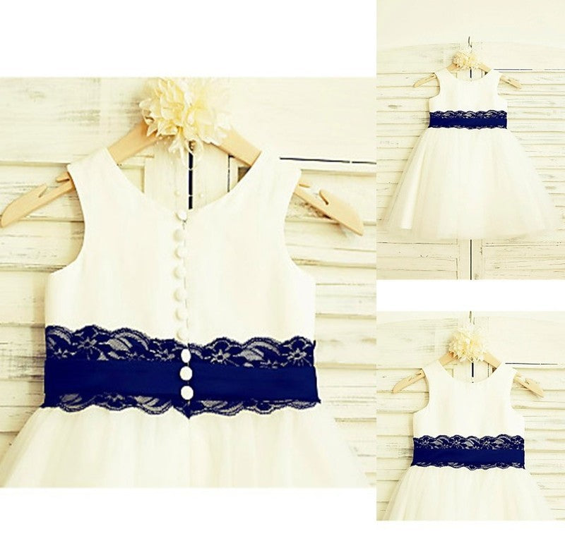 Tulle Scoop Lace Tea-Length A-line/Princess Sleeveless Flower Girl Dresses