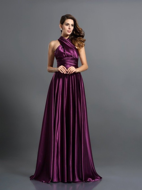 Long Silk Pleats Sleeveless A-Line/Princess like Satin Bridesmaid Dresses