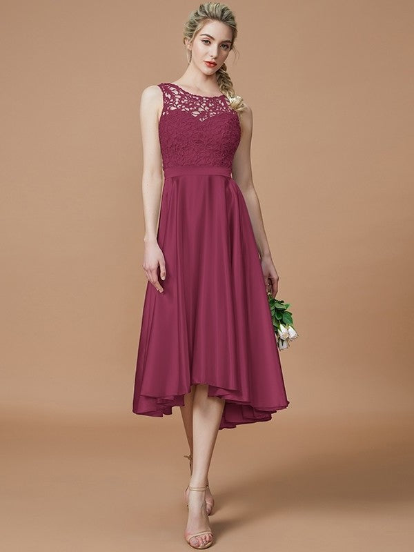 Asymmetrical A-Line/Princess Sleeveless Ruffles Silk Bateau like Satin Bridesmaid Dresses