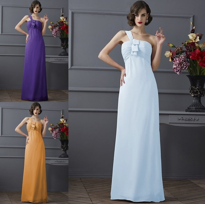 Pleats One-Shoulder Long Sleeveless Sheath/Column Chiffon Bridesmaid Dresses