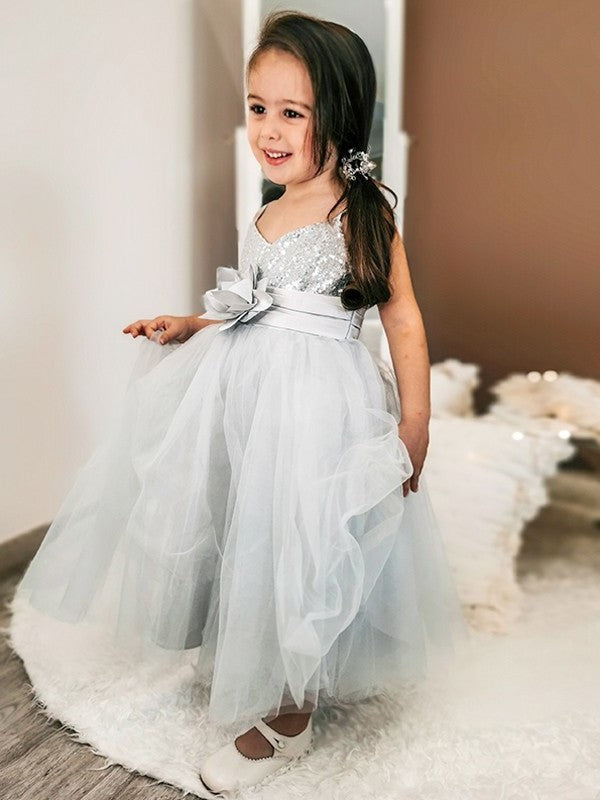 A-Line/Princess Spaghetti Sequin Tulle Sleeveless Tea-Length Straps Flower Girl Dresses