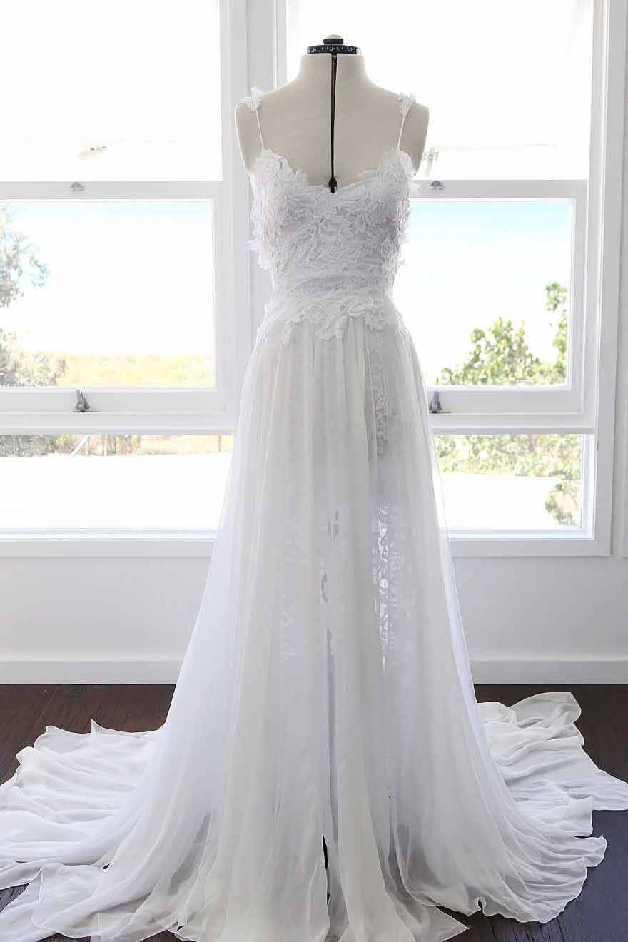 A-line Spaghetti Strap White Lace Chiffon Sweetheart Backless Beach Wedding Dresses JS881