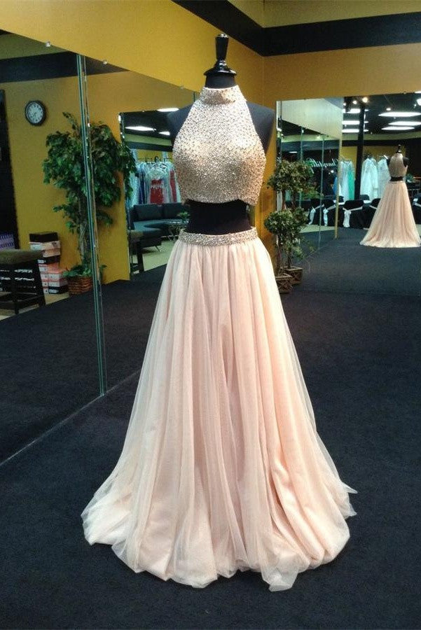 Custom Handmade Beaded Two-piece Blush Prom Dresses