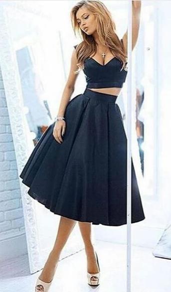 Tea Length Two Pieces Navy Blue Off Shoulder Sleeves Homecoming Dresses