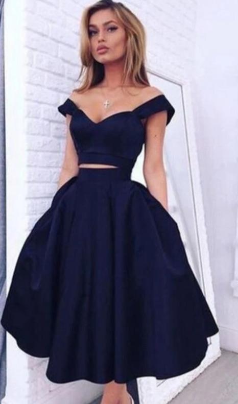 Tea Length Two Pieces Navy Blue Off Shoulder Sleeves Homecoming Dresses