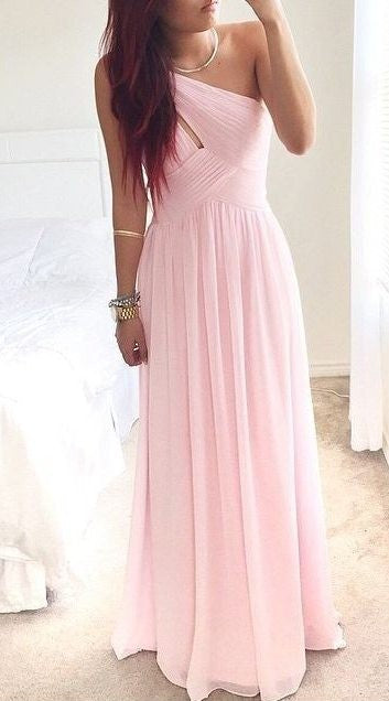 Floor Length A line One Shoulder Pink Prom Dress