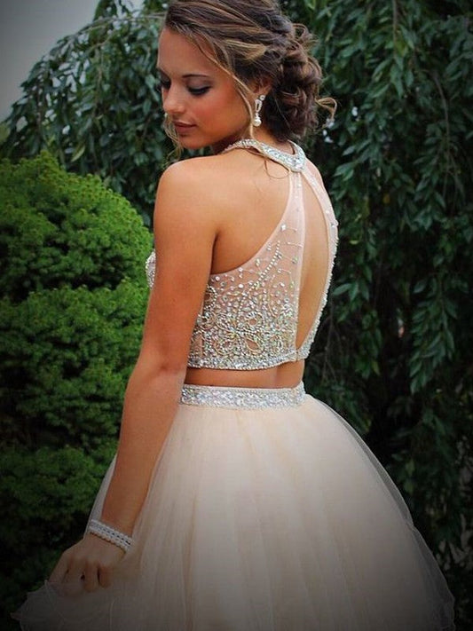 A-Line Princess Scoop Beading Sleeveless Short Tulle Homecoming Dresses Vanessa Two Piece