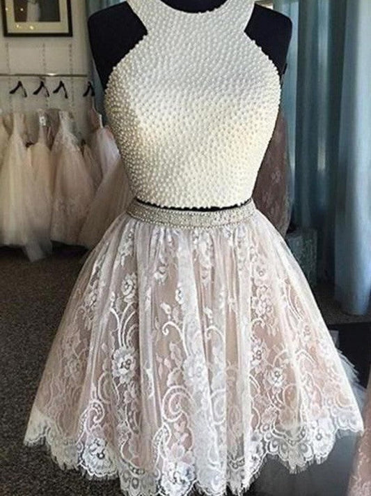 A-Line Princess Sleeveless Halter Homecoming Dresses Lace Joan Pearls Short Two Piece