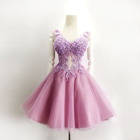 A Line V Neck Lace Appliques Lilac Short Beading Tulle Sleeveless Homecoming Dresses JS976
