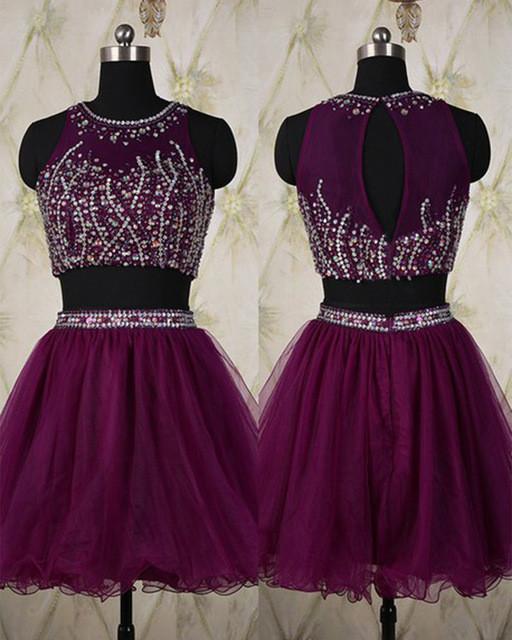 Two Pieces Silver Beading Short Sweet 16 Dress Tulle Halter Open Back Homecoming Dresses JS436