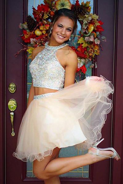 Sparkle Two Pieces Halter Open Back Pink Sleeveless Beads Tulle Homecoming Dress JS952