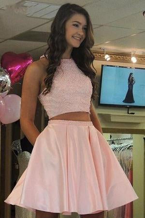 Two Pieces Beaded Fashion Sexy Short Satin Cute New Style Homecoming Dress JS441
