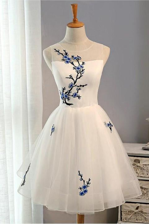 A Line Tulle Ivory Lace up Open Back Scoop Flowers Knee Length Homecoming Dresses JS46