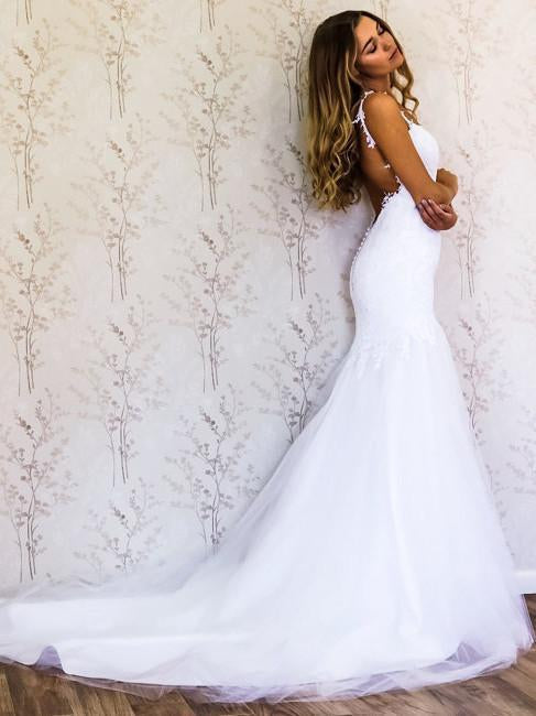 White Lace Mermaid Sweetheart Tulle Spaghetti Straps Backless Affordable Wedding Dresses JS778