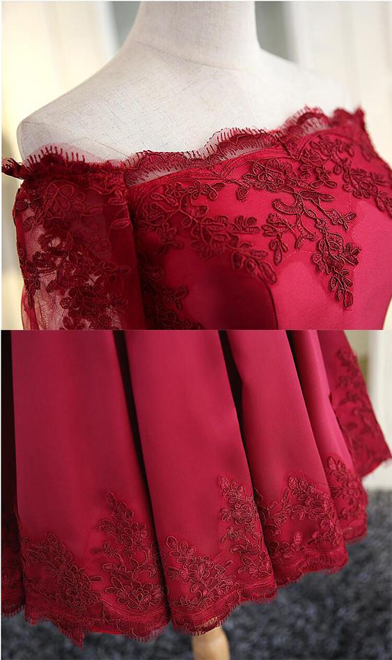 A Line Short Sleeves Satin Lace Appliques Lace up Scoop Short Prom Dress Homecoming Dresses JS752