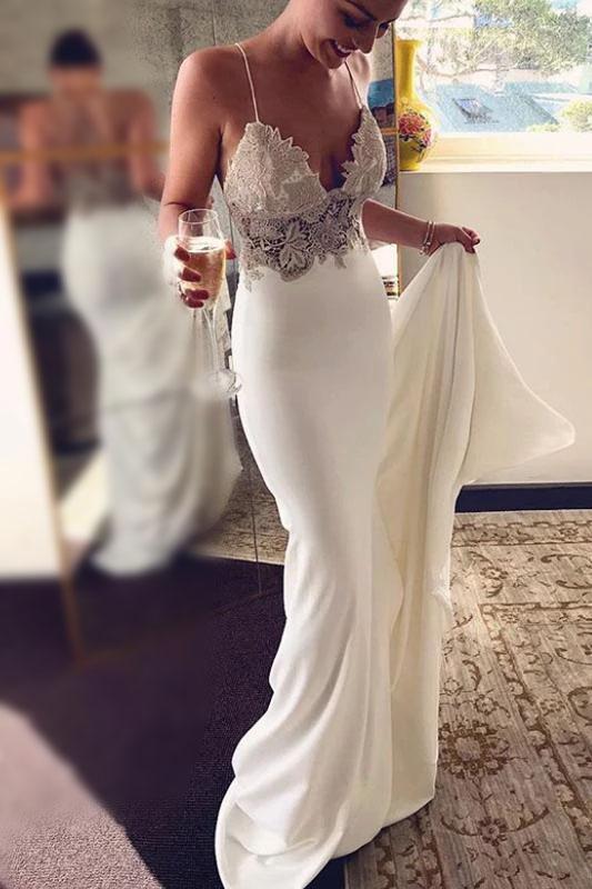 Sexy Spaghetti Straps Mermaid Beach Wedding Dresses, Long Prom Dress with Lace