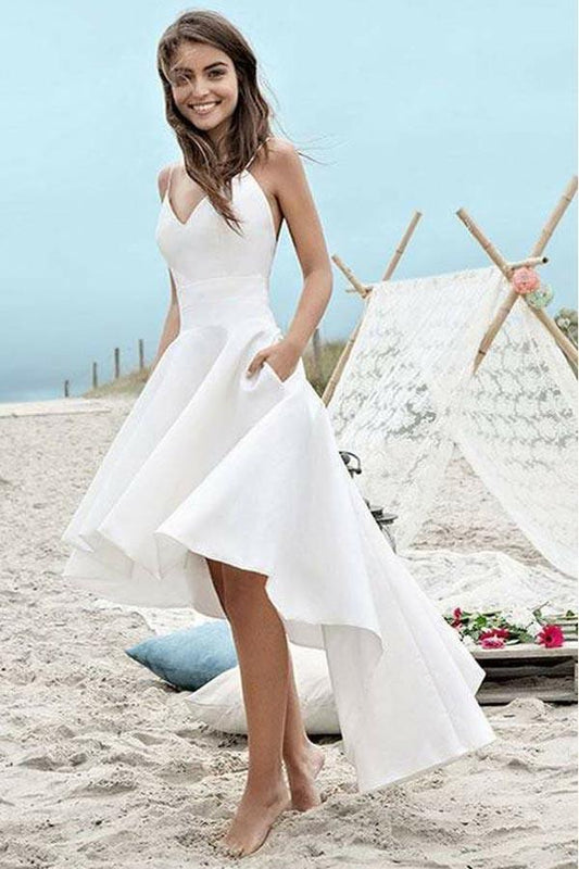 Simple Spaghetti Straps V-neck High Low Short Prom Dress,Beach Wedding Dress