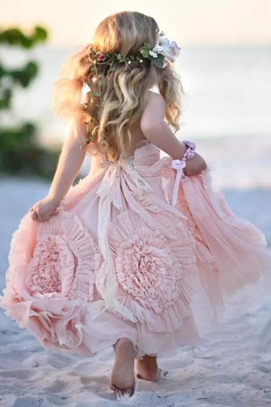 2024 Princess A Line Lovely Long Hand-Made Flower Chiffon Flower Girl Dresses