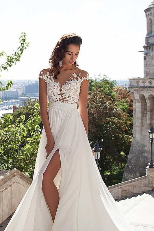 2022 Lovely Off White Lace Appliques Cap Sleeves Long Chiffon Beach Wedding Dresses JS304