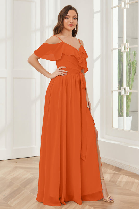 Off the Shoulder Ruffles Chiffon Bridesmaid Dresses with Slit
