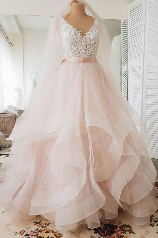 A Line Blush Pink Lace Sweetheart Backless Multi-Layered Organza Beach Wedding Gowns JS231