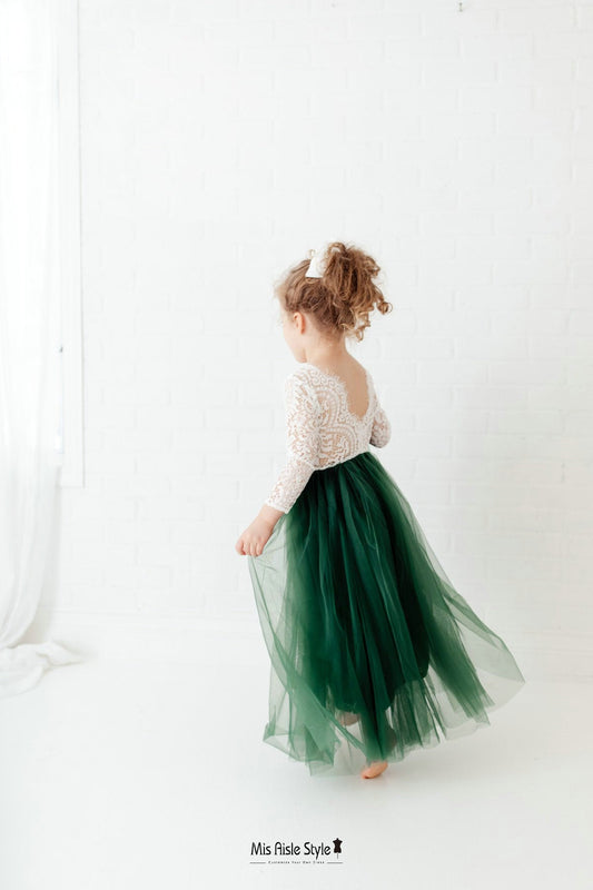 Long Sleeve Dark Green Flower Girl Dress