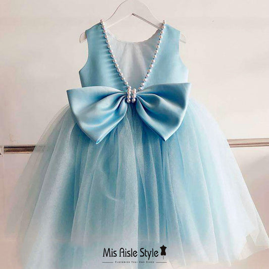 Blue Tulle Skirt Flower Girl Dress With Bow at Back