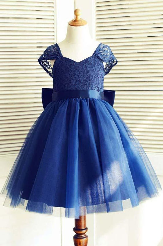 Cute Navy Blue Flower Girl Dress with Bow at Back