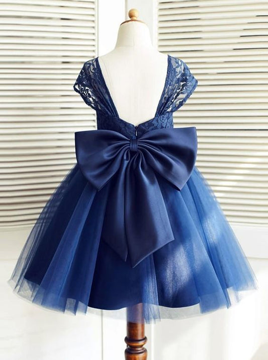 Cute Navy Blue Flower Girl Dress with Bow at Back