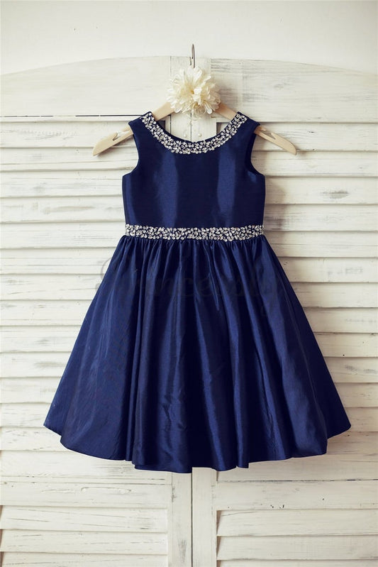 Round Neckline Navy Blue Flower Girl Dress