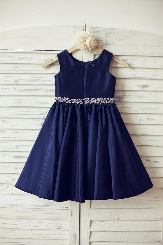 Round Neckline Navy Blue Flower Girl Dress