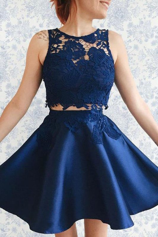 Two Piece Dark Blue Satin Cute Short A-Line Homecoming Dress with Lace Appliques JS130