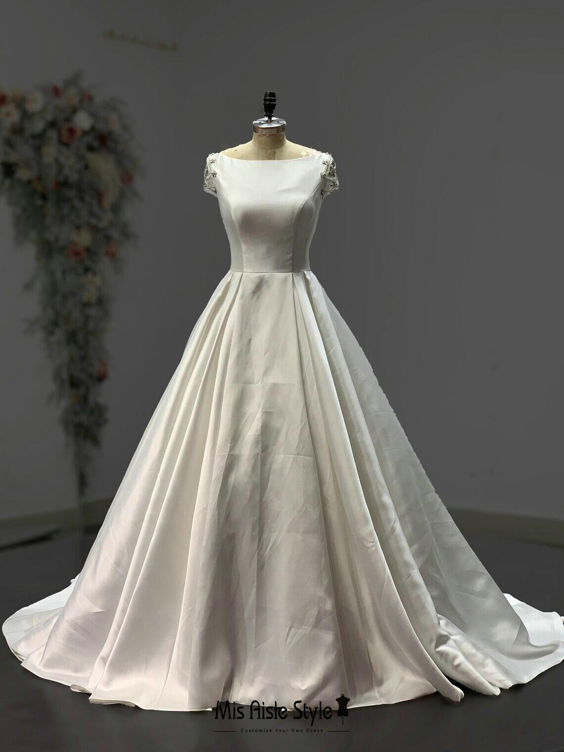 Simple Beaded Short Sleeve Ivory Satin Wedding Dress
