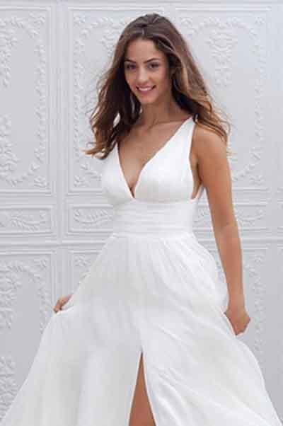 White Long A-Line Chiffon Deep V-Neck Sleeveless Side Split V-Back Wedding Dresses JS387